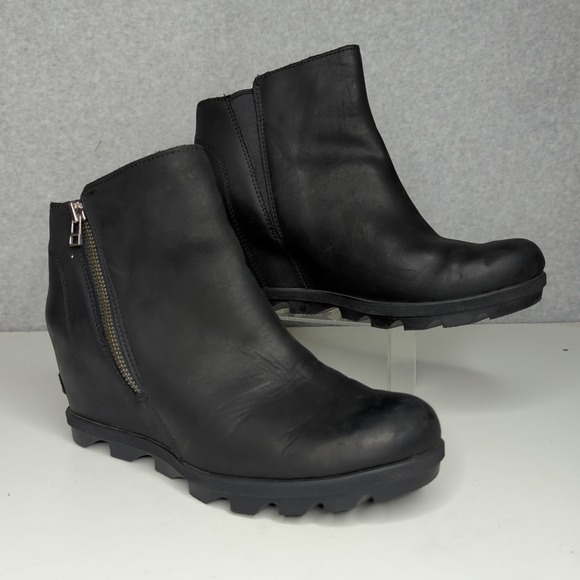 Sorel Women's Joan of Artic Black Leather Wedge Heel Ankle Boots 11 waterproof - Picture 1 of 7